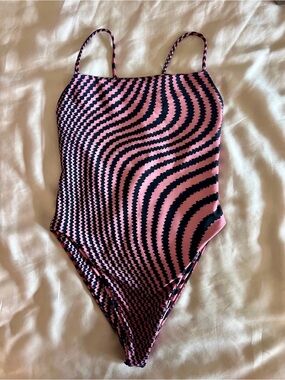 Skatie Pink and Black Wave-Stripe One-Piece